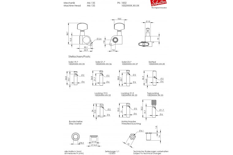 Schaller M6 135 Locking 3+3 Small Metal Buttons 21.0 - BK